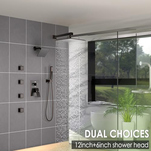 Enga Dual Shower Head System with Body Jets, 12"+ 6" Wall Mounted Dual Rain Shower Faucet with Valve Kit, Oil Rubbed Bronze - color: Oil Rubbed Bronze, style: Wall-12"+6"+Jets