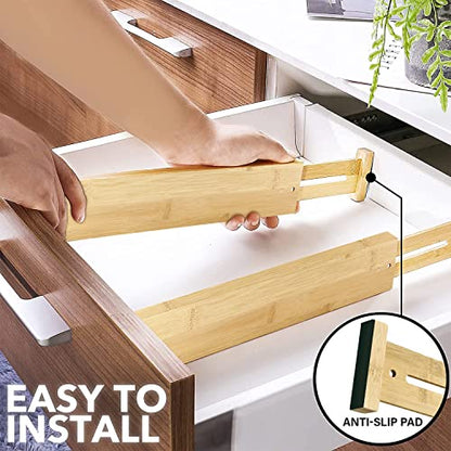 Adjustable Bamboo Drawer Dividers for Clothes, Kitchen Utensils, Office Desks, Bathroom Accessories, Socks and Underwear, and Personal Items, 4 Dividers with 4 Partitions