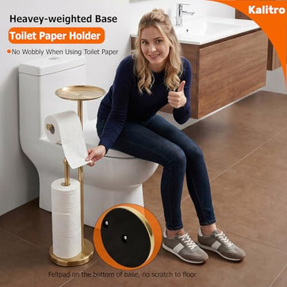 Kalitro Toilet Paper Holder Freestanding with Big Shelf, 4 Rolls Reserve Paper Holder Stand, Modern Paper Roll Holder with Storage Space for Phones (Gold) - color: Gold
