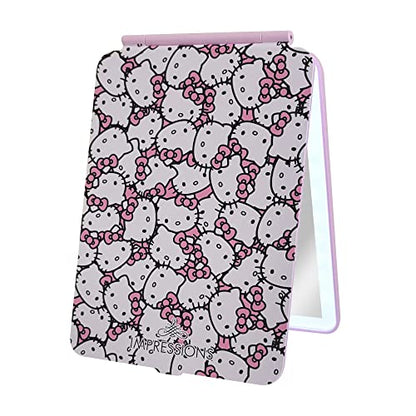 Impressions Vanity Hello Kitty Touch Pad Mini Tri-Tone Makeup Mirror with Printed Flip Cover and LED Strip, Travel Vanity Mirror with Touch Sensor Switch and USB Extension (White/Pink) - color: White/Pink