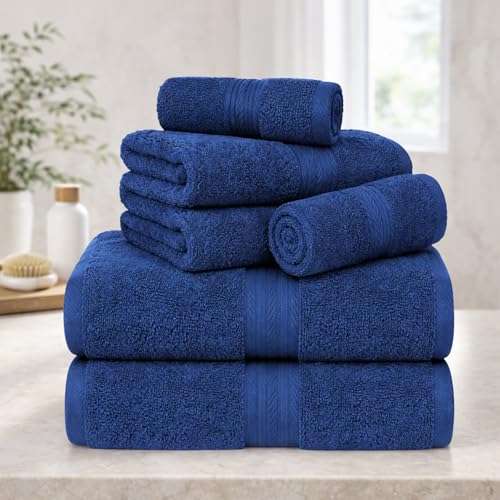 100% Cotton Bathroom Towel Set, 600 GSM, Soft & Absorbent, 6 Piece Set (2 Bath Towels, 2 Hand Towels, 2 Washcloths), Navy Blue - color: Navy, size: Towel Set of 6