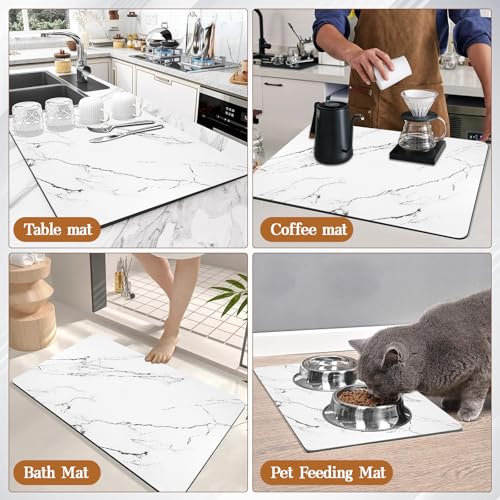 Dish Drying Mat for Kitchen Counter, 12"x19" Heat Resistant Drainer Mats with Non-slip Rubber Backed, Hide Stain Kitchen Drying Mat Super Absorbent Draining Mat, Easy to Clean Dish Rack Pad (White)