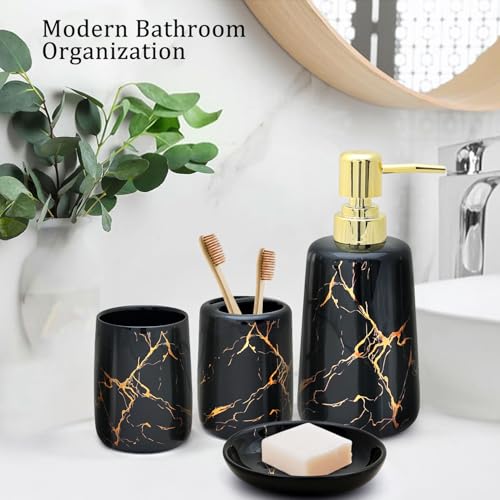 CERBIOR Bathroom Accessories Set,4 Pcs Ceramic Bathroom Accessory,Black | Includes Toothbrush Holder, Toothbrush Cup, Soap Dish for Decorative Countertop and Housewarming Gift - style: Black