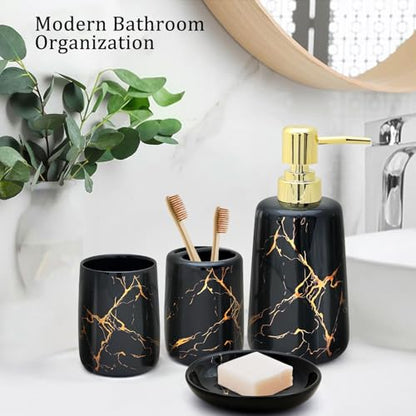 CERBIOR Bathroom Accessories Set,4 Pcs Ceramic Bathroom Accessory,Black | Includes Toothbrush Holder, Toothbrush Cup, Soap Dish for Decorative Countertop and Housewarming Gift - style: Black