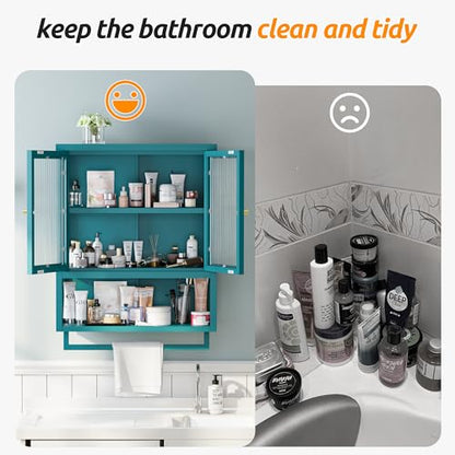 Bathroom Wall Cabinet with 2 Glass Door, Bathroom Medicine Cabinet with Towels Bar and Shelves, Over The Toilet Storage Cabinet, Metal Wall Mounted Cabinet for Kitchen (Blue) - color: Blue