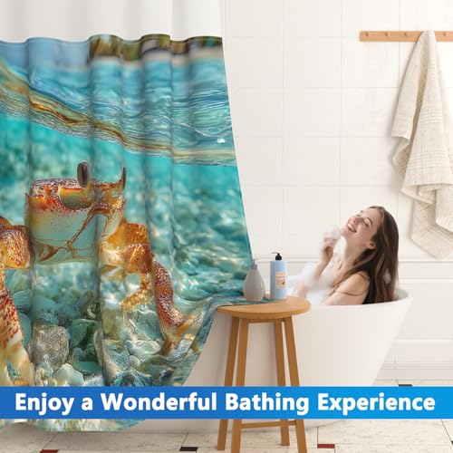 No Hook Shower Curtains for Bathroom, Beach Crab Themed Summer Shower Curtain with Snap in Liner, Mesh Top Window and Weighted Hem, Easy to Install Heavy Shower Curtain No Hooks Needed, 71x74 Inches - color: Crab