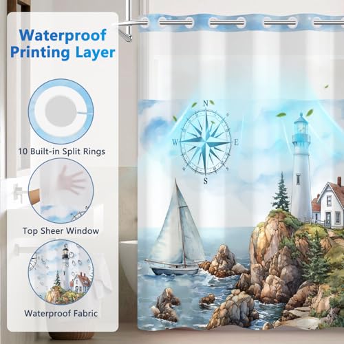 No Hook Shower Curtain and Liner Set, Seaside Lighthouse Pattern Shower Curtain No Hooks with Snap in Liner, 71x74in Easy Hang Shower Curtains for Bathroom with Mesh Top Window and Weighted Hem - color: Lighthouse