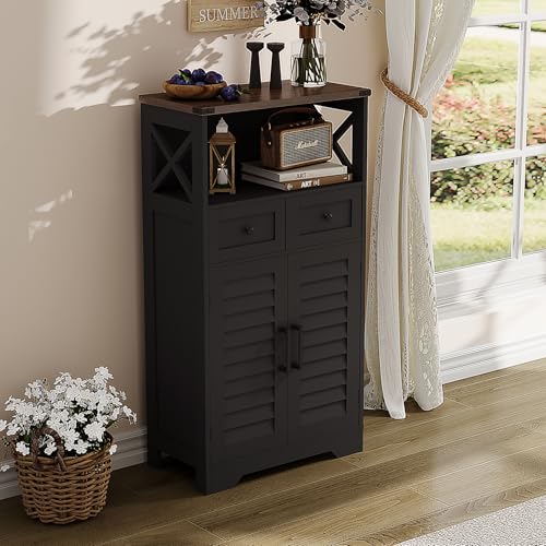 ChooChoo Farmhouse Storage Cabinet, Bathroom Floor Cabinet with Doors and Drawers, Kitchen Pantry Cabinet for Living Room, Laundry, Black