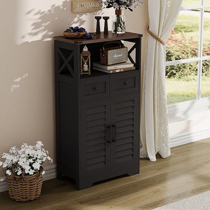 ChooChoo Farmhouse Storage Cabinet, Bathroom Floor Cabinet with Doors and Drawers, Kitchen Pantry Cabinet for Living Room, Laundry, Black