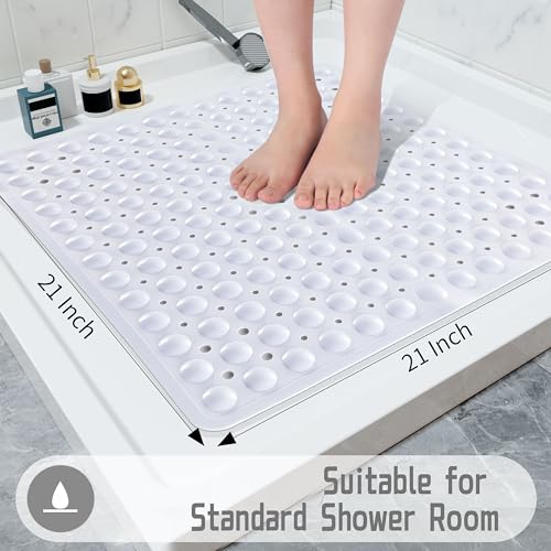 Yimobra Shower Mat 21X21 Inch Square, Non Slip Bathtub Mat with Large Suction Cups&Drain Holes, Soft Fast Dry Shower Stall Mats for Inside Shower, Machine Washable BPA-Free, Bath Essentials, White - color: White, size: 21 x 21 inches
