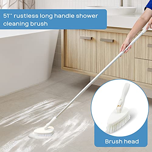 Qaestfy Shower Scrubber Cleaning Brush Combo Bath Tub Tile Cleaner Scrubber Brush with 51'' Adjustable Long Handle Scrub Brush for Bathroom Shower Bathtub Wall Mop Cleaning Scrubbing - color: White