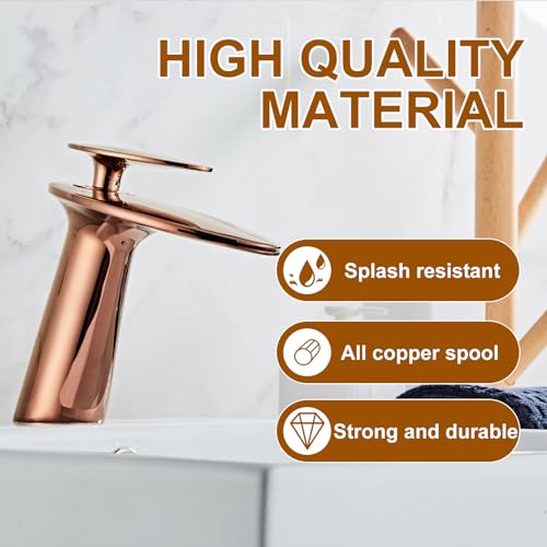 Rose Gold Waterfall Bathroom Sink Faucet and Pop Up Drain Assembly - color: Rose Gold, size: Short Body