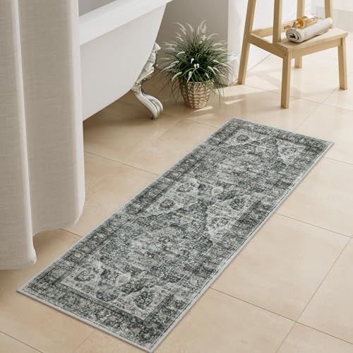 Uphome Brown Bathroom Rugs, Distressed Farmhouse Boho Bath Mat, Non Slip Washable Soft Velvet Bath Mats for Bathroom Floor, Vintage Traditonal Bath Runner for Bathtub Sink Shower, 18x47 inch - color: Brown, size: 18 x 47 inch (Rectangular)
