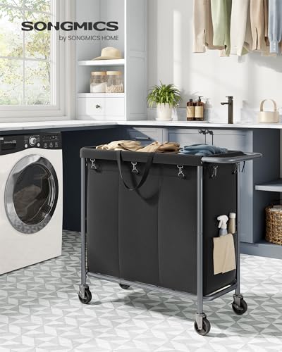SONGMICS Laundry Basket with Wheels, 3-Section Rolling Laundry Hamper, 52.8 Gallons (200 L), Removable Liner, Steel Frame with Handle, 35.8 x 15.4 x 31.9 Inches, Ink Black URLS005B01 - color: Ink Black, size: 200 L (3-Section)
