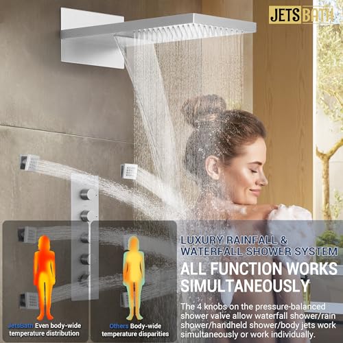 Luxury Thermostatic Rain & Waterfall Shower System with 22” Rain Shower Head & 6 Body Jets, Wall Mounted Shower Faucet Sets with Handheld Sprayer, 3/4” Inlet Thermostatic Valve - color: Brushed Nickel