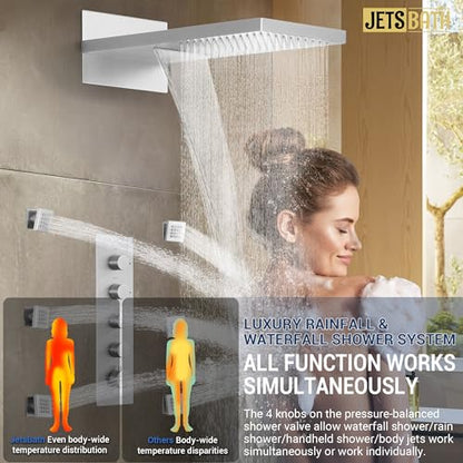 Luxury Thermostatic Rain & Waterfall Shower System with 22” Rain Shower Head & 6 Body Jets, Wall Mounted Shower Faucet Sets with Handheld Sprayer, 3/4” Inlet Thermostatic Valve - color: Brushed Nickel