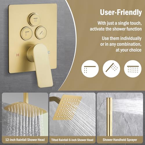 12 Inch Rain Shower System, Brushed Gold Shower Faucet Set with Push Button Diverter, 6 Inch Wall Mounted 3-Functions Bathroom Shower Systems with Dual-Function Handheld - style: UFO