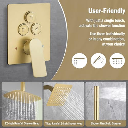 12 Inch Rain Shower System, Brushed Gold Shower Faucet Set with Push Button Diverter, 6 Inch Wall Mounted 3-Functions Bathroom Shower Systems with Dual-Function Handheld - style: UFO