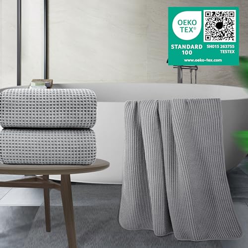 POLYTE 430 GSM Poly Blend Microfiber Waffle Bath Sheet XL Set, 35x70 in | 2 Pack, Oversize, Lint Free, Quick Dry - color: Gray, size: X Large