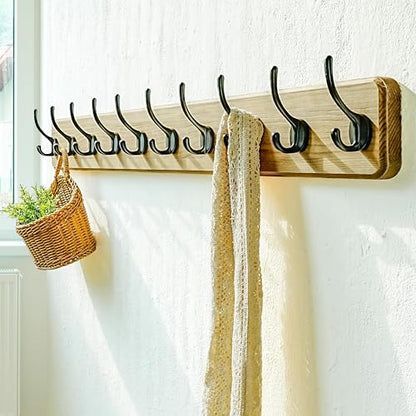 Coat Rack Wall: 38-1/4" Long, Patented, Heavy-Duty, 10-Double-Hooks Wooden Wall Mounted Coat Rack Coat Hanger Hook Rail for Winter Coats Hat Jacket Clothing, Weathered Brown - color: Weathered Brown & Black, size: L=38.3"(1pcs)