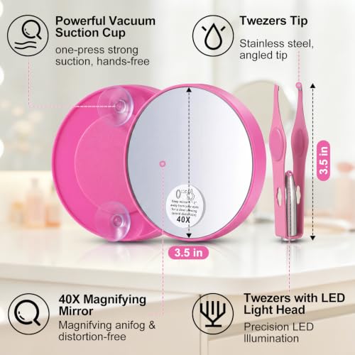 LED Lighted Tweezers & 40X Magnifying Mirror with Suction Cup Set, 2 in 1 No-Hands Makeup Mirror with Light and Precision Light Up Tweezers(Pink) - color: Pink