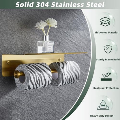 Double Roll Toilet Paper Holder, Brushed Gold, 304 Stainless Steel | Wide Utility Shelf, Phone & Wet Wipe Storage, Modern Bathroom Upgrade, Guest Bath & Family Bathroom Use - color: Brushed Gold, size: Double Rod