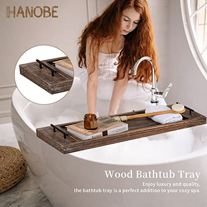 Hanobe Wood Bathtub Tray Bath Caddy with Handles, 31" | Distressed Rustic Finish, Rustic Long Board Shelf Over Tub for Bathroom Decor