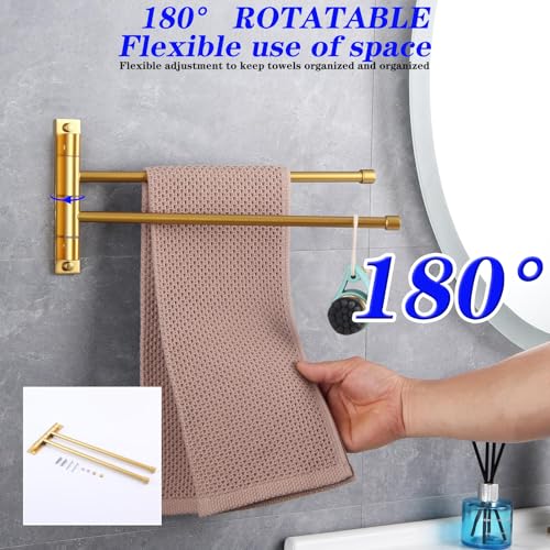 GERZWY Bathroom Swing Arm Towel Bars 2-Arm Wall Mount Stainless Steel Bath Towel Rack Hanger Towel Holder Organizer Gold Finished HYG02-BE - color: Gold