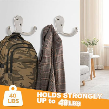 CBWLWJ 10 Pack Coat Hooks Wall Hooks for Hanging, Heavy Duty Double Prong Metal Hook Wall Mounted for Living Room, Bathroom, Kitchen, Bedroom for Coat, Bag, Scarf, Towel, Hat, Key, Cup (Silver) - color: Silver-10pack
