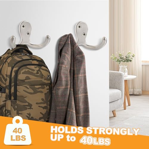 20 Pack Coat Hooks Wall Hooks for Hanging, Heavy Duty Double Prong Metal Hook Wall Mounted for Living Room, Bathroom, Kitchen, Bedroom for Coat, Bag, Scarf, Towel, Hat, Key, Cup (Silver) - color: Silver-20pack