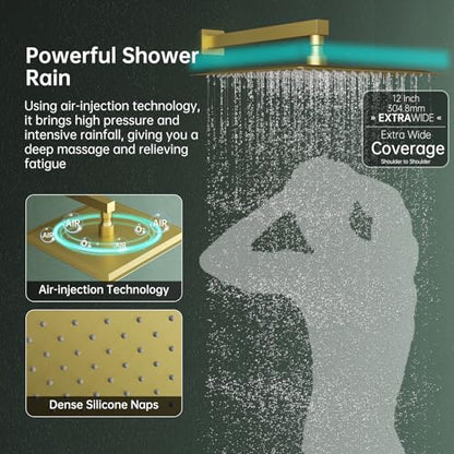 Hoimpro 12 Inch Rainfall Shower Faucet with 4 Full Body Shower Jet Fixtures Combo, Wall Mounted Shower System Set with Rain Mixer Shower Head and 2 in 1 Spray Handheld Showerhead, Brushed Gold - color: Brushed Gold