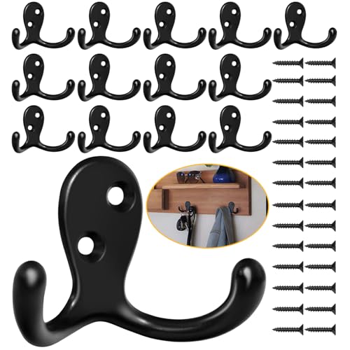 Homanu 14 Pack Coat Hooks, Heavy Duty Double Prong Coat Hooks Wall Mounted with 28 Screws, No Rust Black Metal Wall Hooks for Hanging Towel, Coat, Bag, Hat, Cup, Key - color: 14 Pcs Black
