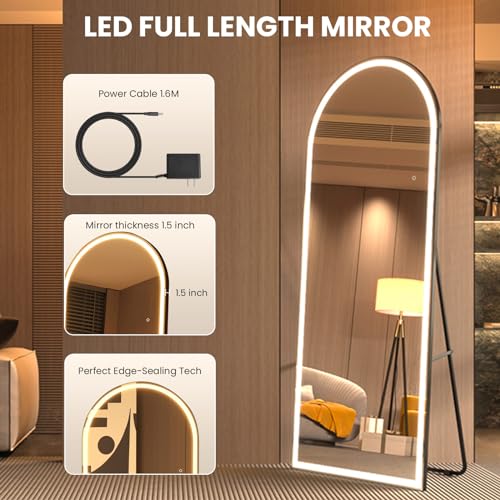 pertetey 81 x 34 in Arched LED Full Length Mirror, Black Frame, Dimmable | Arched Design, Dimmable LED Lighting, 3 Color Modes, Black Frame - size: 81"L x 34"W