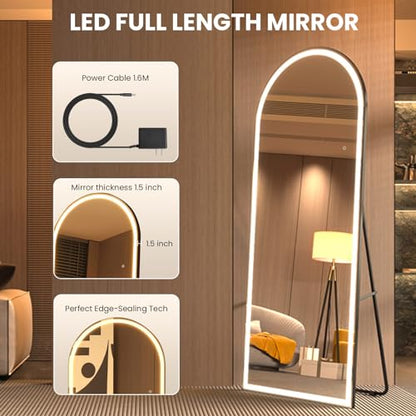 pertetey 81 x 34 in Arched LED Full Length Mirror, Black Frame, Dimmable | Arched Design, Dimmable LED Lighting, 3 Color Modes, Black Frame - size: 81"L x 34"W