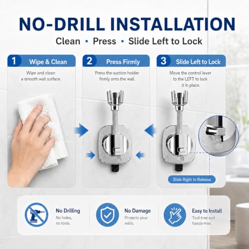 Suction Cup Shower Head Holder, Chrome, Adjustable, No Drill | Strong Suction Hold, No-Drill Removable Mount, Adjustable Angle for Smooth Tile, Glass, Marble and Metal; Fits 1/2-Inch Hoses - style: Chrome-D