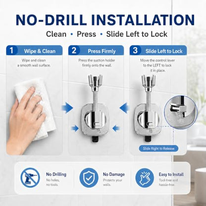 Suction Cup Shower Head Holder, Chrome, Adjustable, No Drill | Strong Suction Hold, No-Drill Removable Mount, Adjustable Angle for Smooth Tile, Glass, Marble and Metal; Fits 1/2-Inch Hoses - style: Chrome-D
