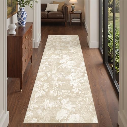 Soalmost Floral Runner Rug 2x6 for Hallway, Washable Soft Neutral Rug Beige | Vintage Oriental Low-Pile Non-Slip Thin Throw Kitchen Carpet Runner for Entryway Bathroom Laundry Room Bedroom 2'x6' - color: Floral Beige, size: 2' x 6' (Runner)