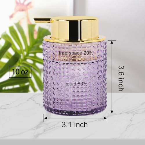 Foaming Soap Dispenser, Purple Glass Foam Soap Dispenser with Gold Pump, Refillable 10oz Lotion Liquid Container Pump Bottle for Bathroom Kitchen Countertop - color: Purple
