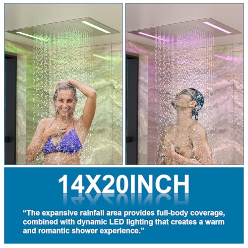 Enga Dual Rain Shower System with Up/Down Waterfall Bathtub Spout, Ceiling Mount 14 x 20 Inch LED Shower Head Rainfall Shower Faucet Set, Brushed Nickel - color: Brushed Nickel, style: 14X20" Led Shower - Tub Spout