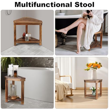 Acacia Wood Shower Stool for Shaving Legs, Corner Bath Shower Bench | Shower Foot Rest with Storage Shelf for Inside Small Shower Spaces, Waterproof Shower Foot Stool for Inside Shower
