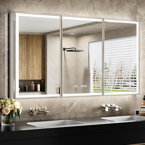 60x30 Lights Medicine Mirror Cabinet, Beveled Brushed Nickel Frame | Lighted Aluminum Bathroom Cabinet, Surface or Recessed Mount, Dimmable 3 Color Temp, Defog, Outlet, Clock, Sensor Inner Light - size: 60x30''