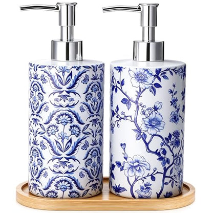 2 Pcs Chinoiserie Floral Soap Dispensers with Wooden Tray | Glass Soap Dispensers, Refillable, Decorative Pump Bottles, for Bathroom, Kitchen, Countertop Decor