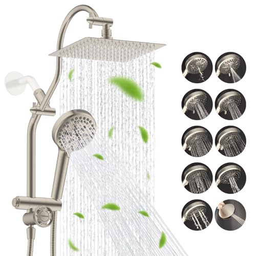 Hibbent High Pressue All Metal 8" Rainfall Shower Head, Handheld 10-Spray | cUPC Certified Brushed Nickel Dual Showerhead Combo, 4-way Diverter with Pause Mode, Brass Extension Arm, 71'' Hose & Holder - color: Brushed Nickel, style: Square 8"
