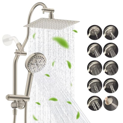 Hibbent High Pressue All Metal 8" Rainfall Shower Head, Handheld 10-Spray | cUPC Certified Brushed Nickel Dual Showerhead Combo, 4-way Diverter with Pause Mode, Brass Extension Arm, 71'' Hose & Holder - color: Brushed Nickel, style: Square 8"