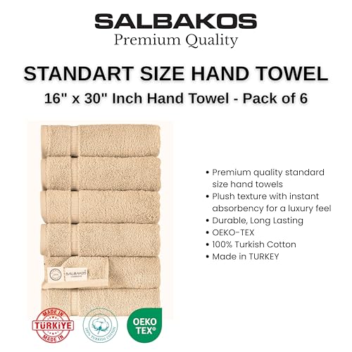 SALBAKOS 6-Piece 100% Turkish Cotton Hand Towels, 16x30 inch, Taupe | Large Size Thick Super Soft Highly Absorbent, Versatile Hair Face & Hand Drying Towel, Premium Hotel Quality Made in Turkey - color: Taupe, size: 6 Hand Towels
