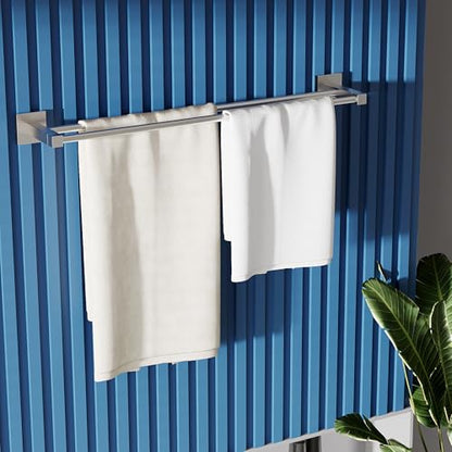 RUACQ Double Towel Bar 24" Towel Racks for Bathroom Wall Brushed Nickel | One-Piece Bath Towel Holder, Total Length 26 Inch Single Towel Rod Wall Mounted, 304 Stainless Steel Rustproof, Square Base - color: Brushed Nickel, size: 24 inch(Center to Center)