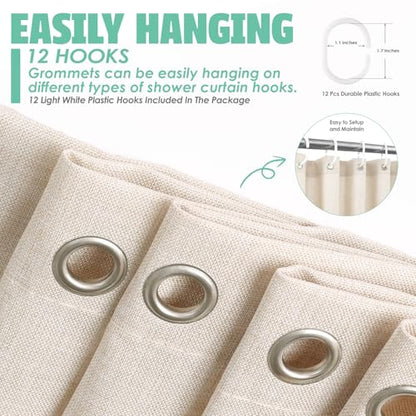 Extra Long Natural Linen Textured Shower Curtain Set with Hooks, Beige Boho Farmhouse Bath Shower Curtains for Bathroom Neutral Cloth, Hotel Luxury, Weighted, 72W x 84L, Cream - color: Cream | With Hooks, size: 72"W x 84"L (Pack of 1)