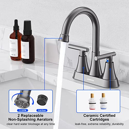 Bathroom Faucet, Hurran 4 inch Centerset 2-Handle Lead-Free, Brushed Grey | Bathroom Sink Faucet with Pop-up Drain and Supply Lines, Stainless Steel Faucet for Vanity RV Restroom Laundry Outdoor Sink - color: Brushed Grey