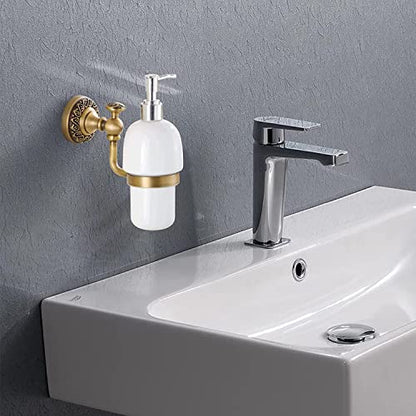 Leyden Antique Brass Soap Dispenser,Wall Mount Hand Soap Pump Bathroom Liquid Holder Lotion Bottles Vintage Dish Ceramics Removable for Kitchen Sink Countertop