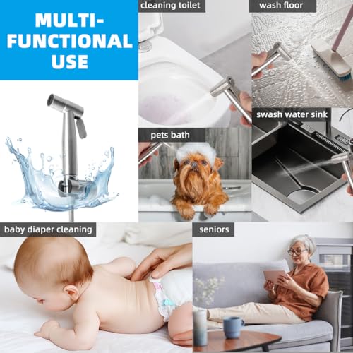 Handheld Bidet Sprayer for Toilet Kit,Stainless Steel Muslim Shower Toilet Bidet Faucets Attachment Set with T-Valve,Adjustable Water Pressure,Toilet Hose Sprayer,Cloth Diaper Spraye for Baby Wash - color: Silver set